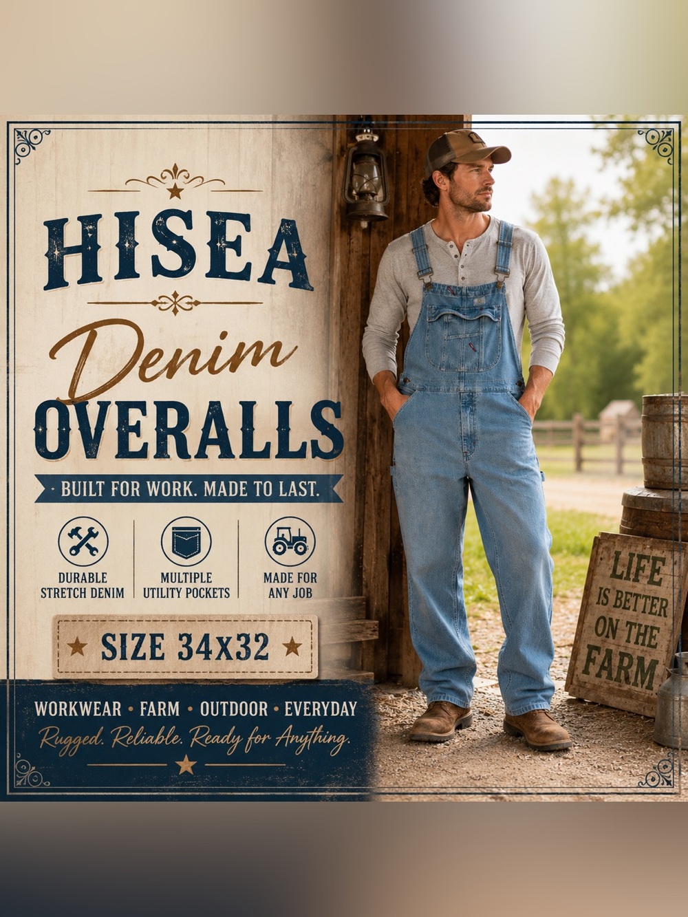 HISEA Men’s Denim Bib Overalls 34x32 Light Wash Utility Workwear Carpenter Denim - Picture 16 of 16